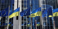 Flaggen der Ukraine und der EU spiegeln sich im Europaparlament