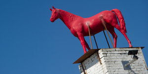 Ein rotes Pferd auf einem Schornstein