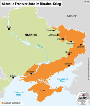 Eine Karte zeigt die aktuellen Frontverläufe von Ukraine und Russland Eine Karte zeigt die aktuellen Frontverläufe von Ukraine und Russland