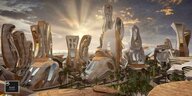 Ein Entwurf von Akon City mit futuristischen Gebäuden