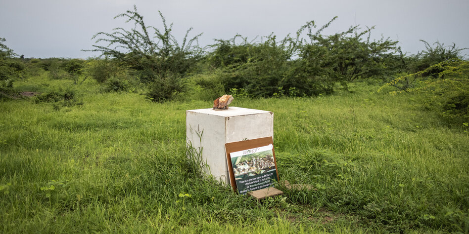 Auf einer Wiese steht ein großer Stein, der Grundstein von Akon City. Davor lehnt eine ausgeblichene Informationstafel.