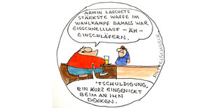 Eine Tresenszene, ein Mann macht einen Witz über Armin Laschet. Ein Cartoon, in bunt.