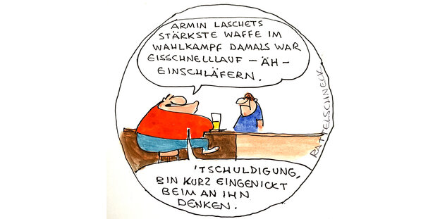 Eine Tresenszene, ein Mann macht einen Witz über Armin Laschet. Ein Cartoon, in bunt.