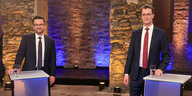 Thomas Kutschaty Spd und Hendrik Wüst CDU stehen im TV Studio