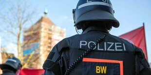 Ein behelmter Polizist ist von hinten zu sehen