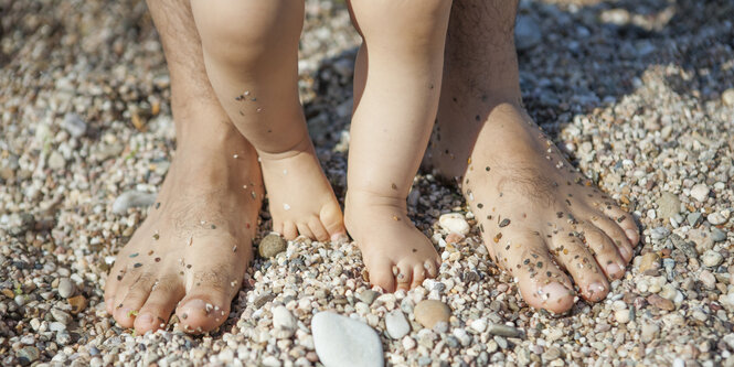 Baby- und Männerfüsse auf steinigem Strand