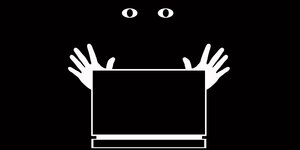 Illustration auf schwarzem Grund: weiße Hände und Augen über einem Computer