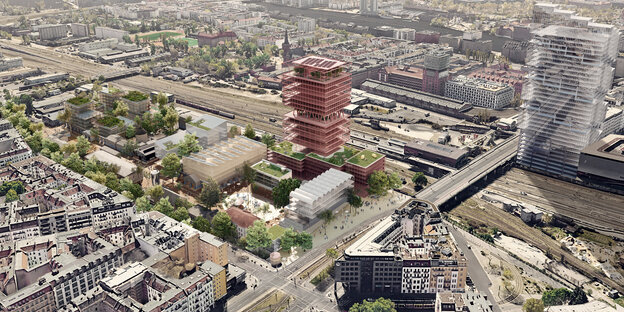 Eine Visionalisierung der Architekten: Das RAW-Gelände zwischen Ostkreuz und Warschauer Straße soll einmal so aussehen - eine Luftaufnahme der Pläne