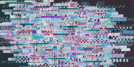 Das Bild zeigt ein Gemälde von DAG: Auf schwarzem Grund schweben unzählige Raster voller bunter Lininen, Punkte und Streifen, die über weiße, rechteckige Felder aufgetragen sind und diese miteinander verbinden