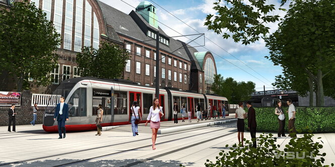 Visualisierung einer haltenden Tram in Hamburg