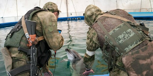 Zwei russische Soldaten stehen vor einem Becken und fotografieren einen herausguckenden Delfin