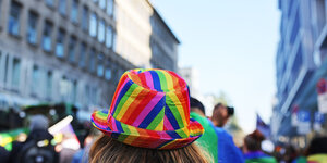 Ein Mensche mit Regeonbogen-Hut von hinten abgelichtet vor einer Demo