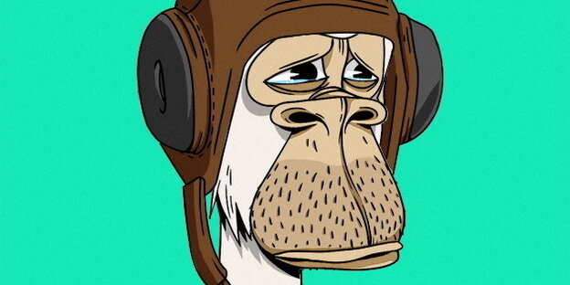 Cartoon-Bild von einem Affenkopf, der Hintergrund ist türkis