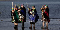 Traditionell gekleidete Mapuche Frauen mit Teilen von Webrahmen, Trommeln und Zweigen.