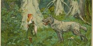 Rotkäppchen und der Wolf begegnen sich im Wald; Buchillustration von 1904