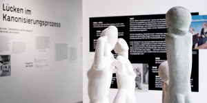 Eine abstrakte Skulpturengruppe vor Wandtafeln der Ausstellung