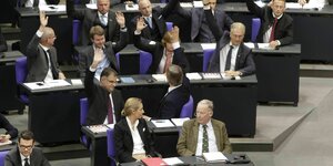 Die AfD-Fraktion sitzt im Bundestag. Ein Tisch pro Person. Viele von ihnen heben die Hand in die Luft. Vorne Gauland und Weidel nebeneinander.
