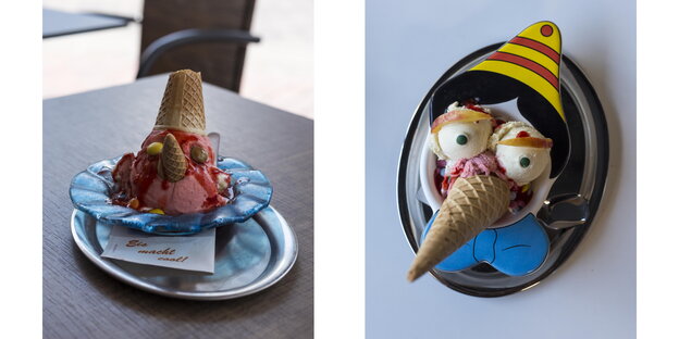 Zwei Fotos von verschiedenen Pinocchio-Eisbechern, der linke ist mit Erdbeersauce überschüttet