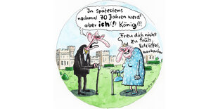 Illustration: Die Queen und ihr ältester Sohn, Prince Charles, stehen vor Schloss Windsor. Charles sagt, dass er spätestens in den nächsten 70 Jahren König werden will. Die Queen weist ihn zurecht