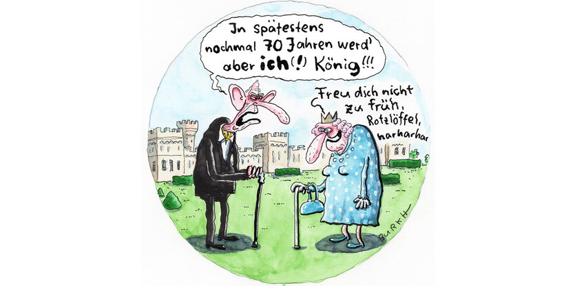 Illustration: Die Queen und ihr ältester Sohn, Prince Charles, stehen vor Schloss Windsor. Charles sagt, dass er spätestens in den nächsten 70 Jahren König werden will. Die Queen weist ihn zurecht