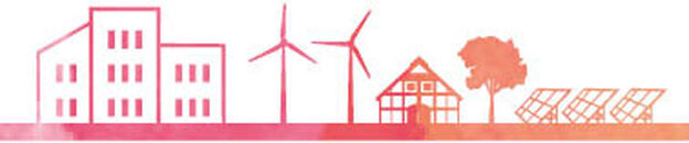 Das Logo zeigt Häuser, Bäume, Windräder und Solaranlangen