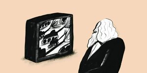 Karl Marx schaut sich kämpfende Panzer im Fernsehen an