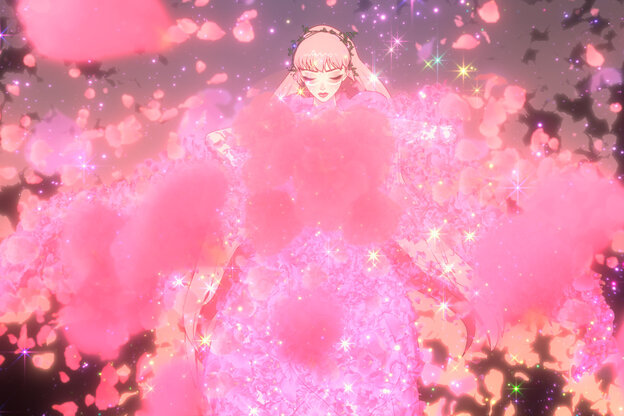 Eine junge Mangafrau schwebt inmitten einer rosa wolke, die auch ihr Kleid sein könnte Eine junge Mangafrau schwebt inmitten einer rosa wolke, die auch ihr Kleid sein könnte