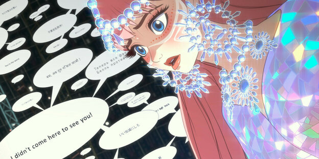 Eine Mangafrau mit vielen Glitzersteinen um den Hals und die Ohren schwebt inmitten von Sprechblasen. In einer steht: "I didn't come here to see you"