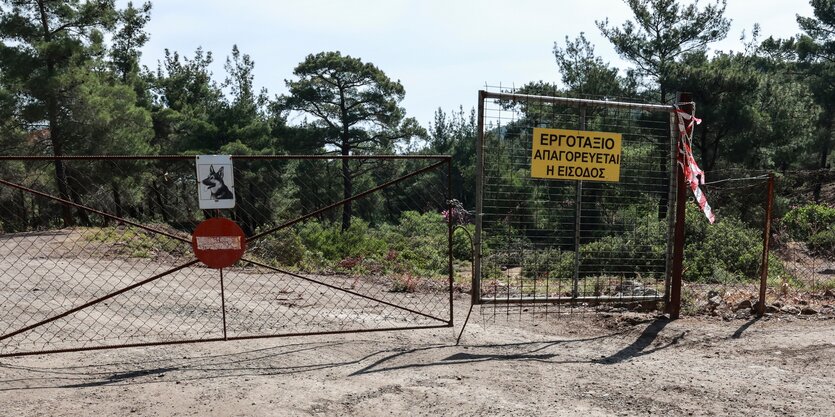 Ein Schotterweg, der in ein Pinienwaldstück führt, wird von einem rostigen Zaun versperrt. Darauf angebracht ist ein gelbes Schild mit schwarzer griechischer Schrift darauf, ein Schild, dass den Kopf eines Schäferhundes zeigt und ein rundes rotes Schild mit einem weißen, horizontalen Strich darauf.