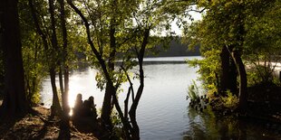 Der glitzernde Schlachtensee unter Bäumen in Berlin