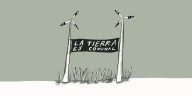 Illustration mit zwei Windrädern zwischen die ein Transparent gespannt ist, auf dem steht: "La Tierra es communal"