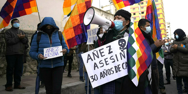 Protestierende mit bunten Fahnen. Im Mittelpunkt des Bildes eine Frau mit Megaphon und Plakat in den Händen