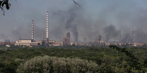 Im Vordergrund ist ein sommerlicher Wald, im Hintergrund steigt dunkler Rauch aus einem Fabrikgelände und einer Stadt