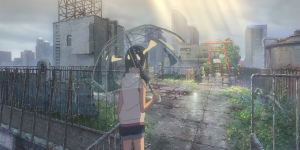 Szene aus „Weathering With You“ (2019) von Makoto Shinkai: ein Mädchen in einer Stadtlandschaft