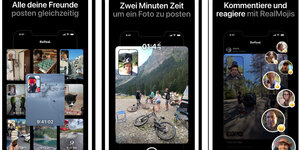 Screenshots der App BeReal, auf denen unter anderem die Zwei-Minuten-Post-Funktion erkennbar ist