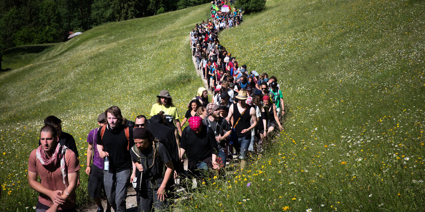 DemonstrantInnen gehen durch blüende Wiesen, im Hintergrund ein Wald