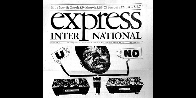 Die erste Titelseite der Zeitung "Express" mit Logo. Ein Arbeiter zerreißt darauf einen Zettel, auf dem "UNO" steht.