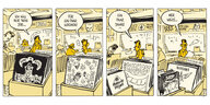 Ein Comic mit vier Bildern: ein Mann steht in einem Plattenladen und spricht mit sich selbst. Er möchte eine Job für ein paar Wochen oder Jahre.