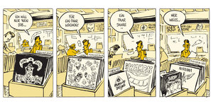Ein Comic mit vier Bildern: ein Mann steht in einem Plattenladen und spricht mit sich selbst. Er möchte eine Job für ein paar Wochen oder Jahre.