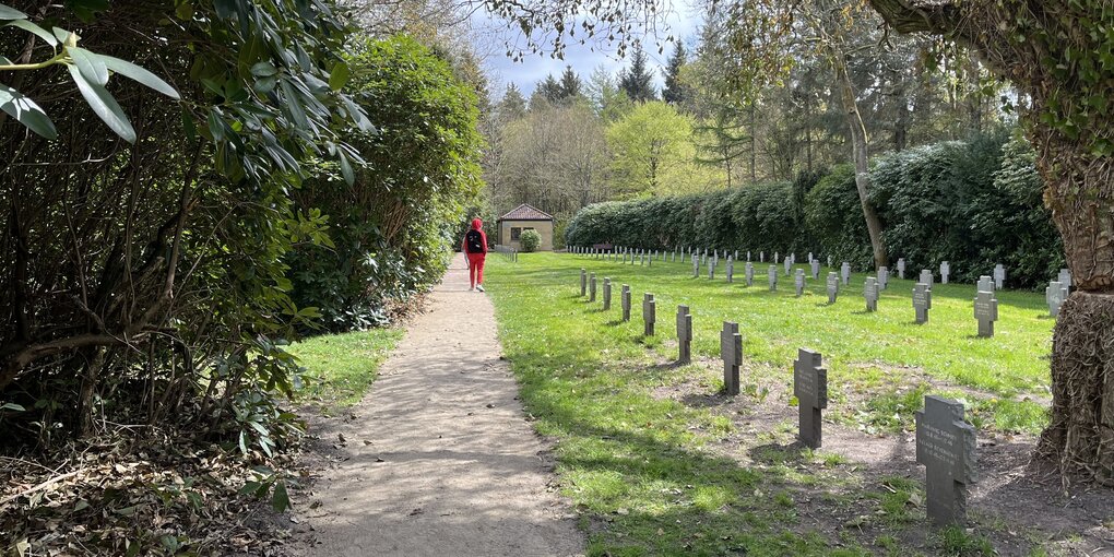 Friedhof. Am Wegrand stehen auf einer Wiese Kreuze aus Stein. Sie sehen alle genau gleich aus. Rundum stehen Bäume