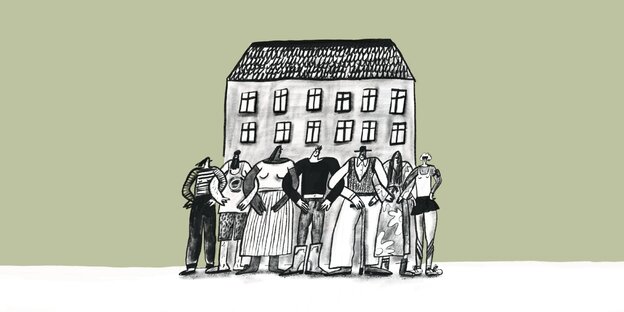 Illustration: Menschen stehen untergehakt vor einem großen Wohnhaus