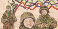 Ein Wasserfarben-Fineliner-Bild des anarchistischen Malers David Chichkan zeigt drei freundlich blickende Frauen in militärischer Montur. Über ihnen flattern Bänder in ukrainischen, anarchistischen und feministischen Farben.