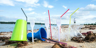 Plastikgeschirr liegt am Strand