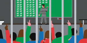Illustration mit Schulklasse in einem Gefängnisraum
