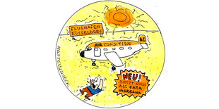 Cartoon: ein Flugzeug mit der Aufschrift "Air Condition" steht unter der brutzelnden Sonne auf dem Flughafen Düsseldorf