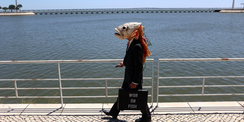 Ein Mensch mit einer Fisch-Verkleidung auf dem Kopf geht eine Promenade entlang