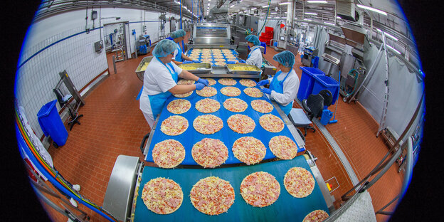 Arbeiter in Pizzafabrik belegen Pizza Hawaii