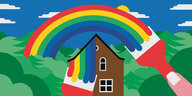 Gemaltes Bild eines alten Hauses, über das ein Pinsel einen Regenbogen malt