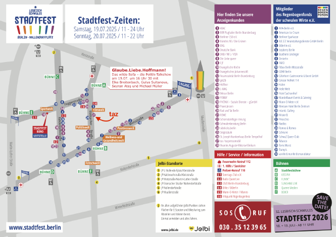 Eine Karte des queeren Stadtfests Berlin-Schöneberg 2025. Die Karte zeigt verschiedene Bereiche des Festes, darunter mehrere Bühnen (Bühne A, B, C, D, E), Sportwelt, Filmwelt, Politikwelt, Traditionswelt, Wellness- und Gesundheitswelt sowie ein Stadtfestbüro/Leitstelle. Darüber hinaus sind auf der Karte nummerierte Punkte für verschiedene Stände und Attraktionen eingezeichnet. Die taz findet sich in der Eisenacher Straße auf Höhe Nummer 116/117, zwischen Film- und Politikwelt. Das Stadtfest findet am 19. und 20. Juli 2025 statt.