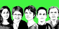 Die Köpfe der taz-Redakteur*innen Jasmin Kalarickal, Sabine am Orde, Anna Lehmann, Tobias Schulze und Stefan Reinecke